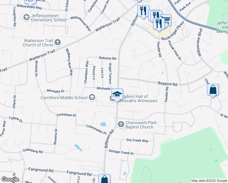 map of restaurants, bars, coffee shops, grocery stores, and more near 10010 Michaele Lane in Louisville