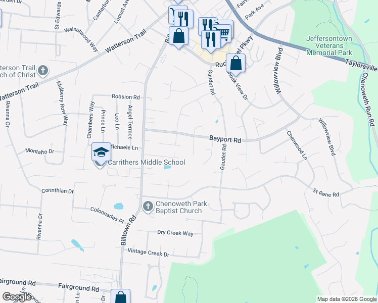 map of restaurants, bars, coffee shops, grocery stores, and more near 4310 Seagrape Road in Louisville