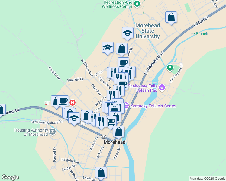 map of restaurants, bars, coffee shops, grocery stores, and more near 121 East 2nd Street in Morehead