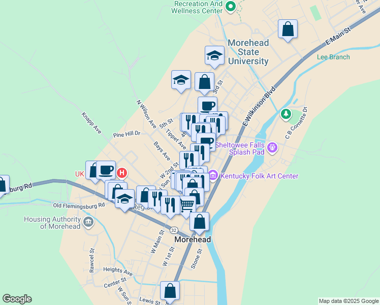 map of restaurants, bars, coffee shops, grocery stores, and more near 121 East 2nd Street in Morehead