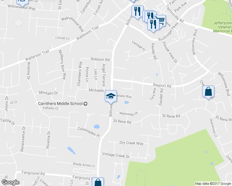 map of restaurants, bars, coffee shops, grocery stores, and more near 10103 Natalie Way in Jeffersontown