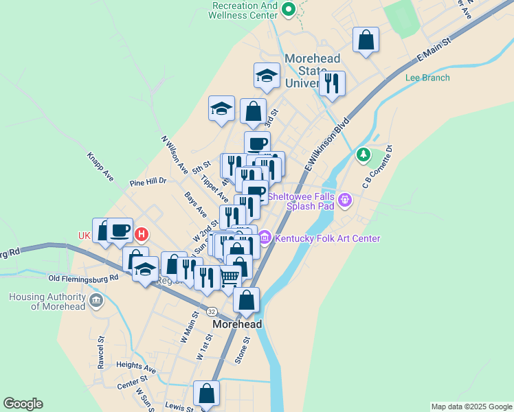 map of restaurants, bars, coffee shops, grocery stores, and more near 140 East Main Street in Morehead