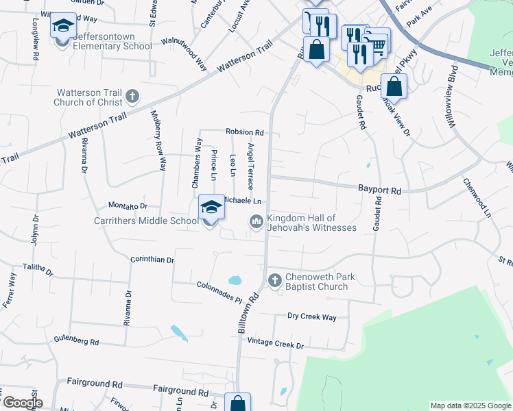 map of restaurants, bars, coffee shops, grocery stores, and more near 10010 Michaele Lane in Louisville