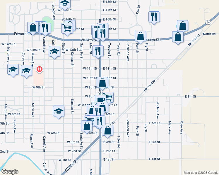 map of restaurants, bars, coffee shops, grocery stores, and more near 199 East 9th Street in Larned