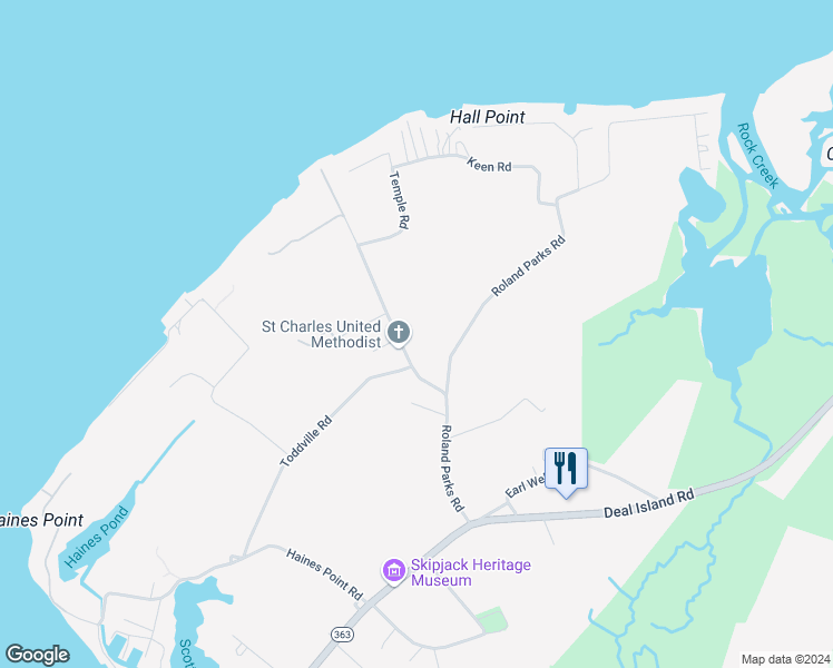 map of restaurants, bars, coffee shops, grocery stores, and more near 10884 Mahlon Price Road in Deal Island Historic District