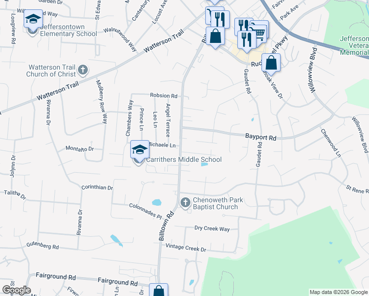 map of restaurants, bars, coffee shops, grocery stores, and more near 10103 Natalie Way in Jeffersontown