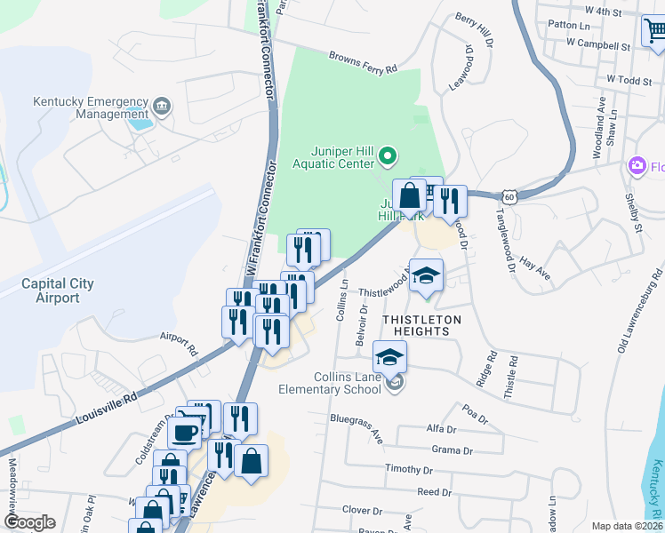 map of restaurants, bars, coffee shops, grocery stores, and more near 904 Louisville Road in Frankfort