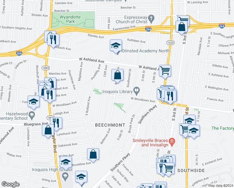 map of restaurants, bars, coffee shops, grocery stores, and more near 715 West Woodlawn Avenue in Louisville