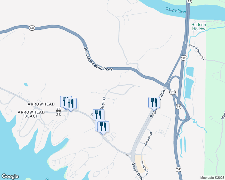 map of restaurants, bars, coffee shops, grocery stores, and more near 110 Fish Haven Road in Lake Ozark