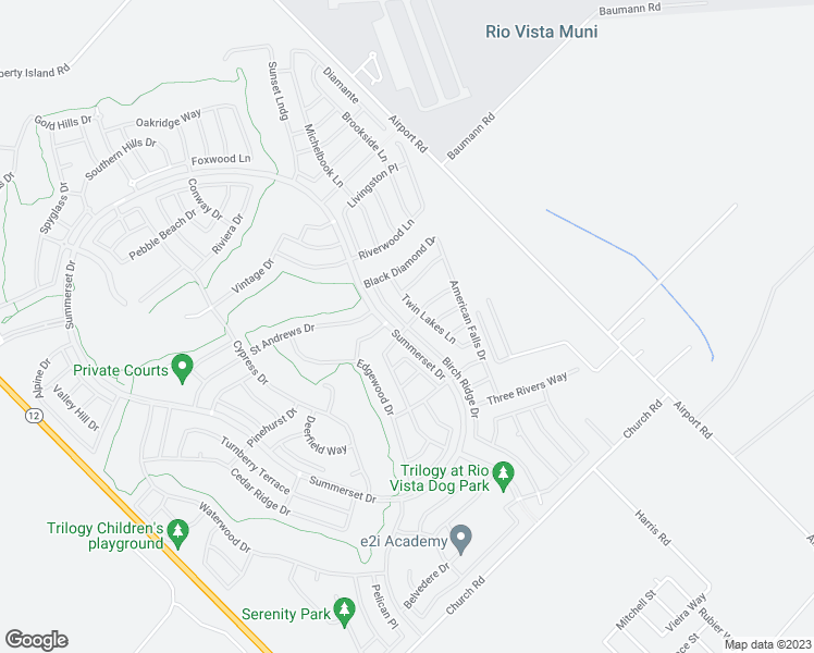 map of restaurants, bars, coffee shops, grocery stores, and more near Arlington Dr & Birch Ridge Dr in Rio Vista