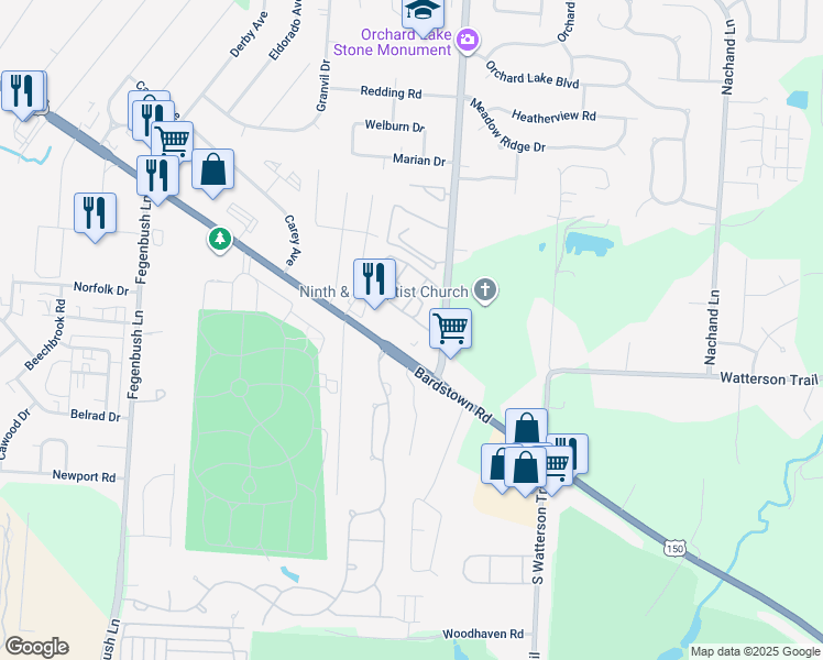 map of restaurants, bars, coffee shops, grocery stores, and more near 4400 Breckenridge Lane in Louisville