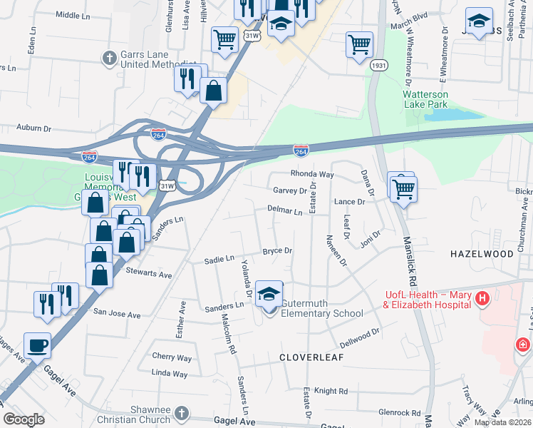 map of restaurants, bars, coffee shops, grocery stores, and more near 4302 Lahnna Drive in Louisville