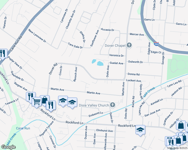 map of restaurants, bars, coffee shops, grocery stores, and more near 4547 Dover Road in Louisville