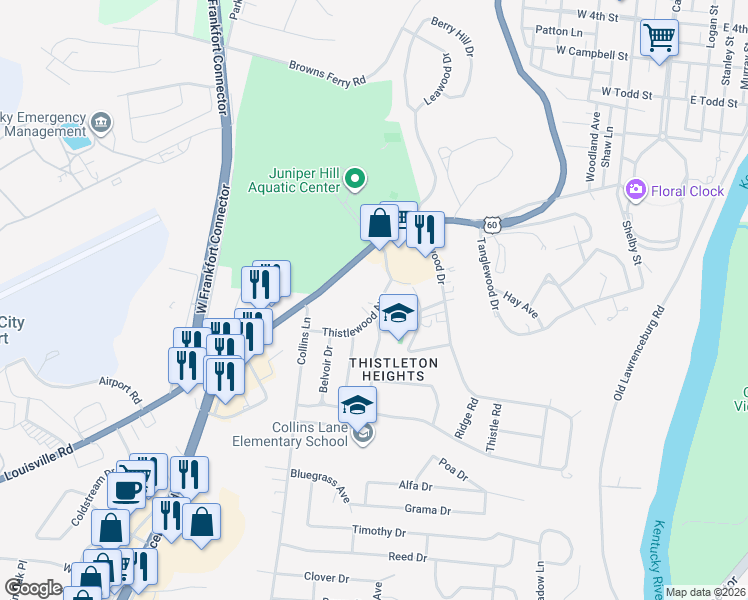 map of restaurants, bars, coffee shops, grocery stores, and more near 162 Thistlewood Avenue in Frankfort