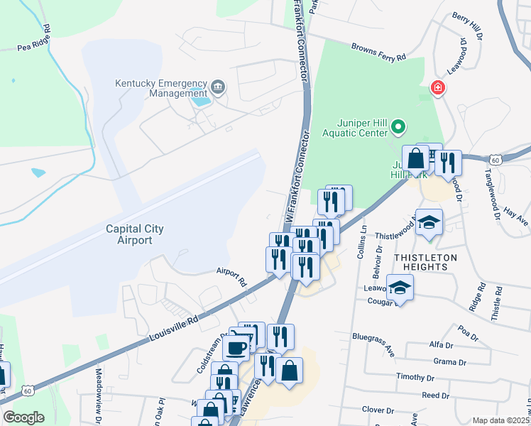 map of restaurants, bars, coffee shops, grocery stores, and more near 117 Old Soldiers Lane in Frankfort