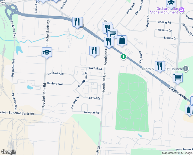 map of restaurants, bars, coffee shops, grocery stores, and more near 4409 Kranet Way in Louisville