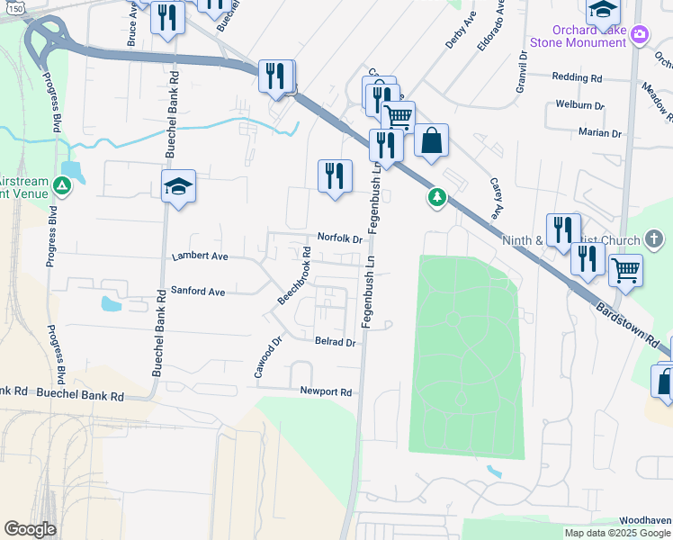 map of restaurants, bars, coffee shops, grocery stores, and more near 4409 Kranet Way in Louisville