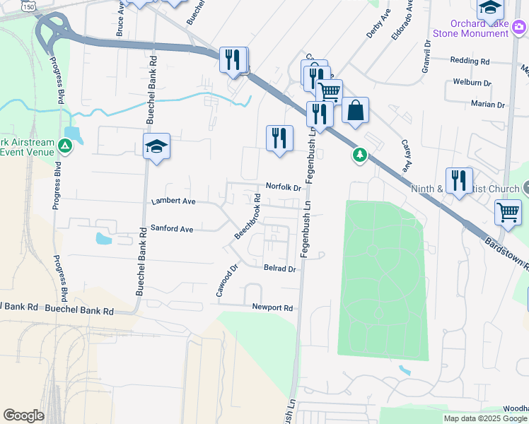 map of restaurants, bars, coffee shops, grocery stores, and more near 4301 Kranet Way in Louisville