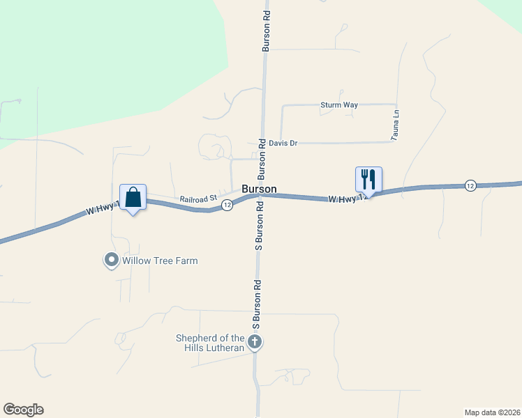 map of restaurants, bars, coffee shops, grocery stores, and more near 3202 Burson Road in Burson