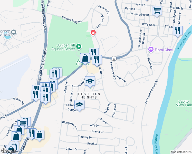map of restaurants, bars, coffee shops, grocery stores, and more near 131 Deepwood Drive in Frankfort