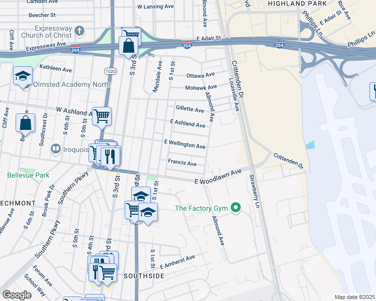 map of restaurants, bars, coffee shops, grocery stores, and more near 139 Francis Avenue in Louisville
