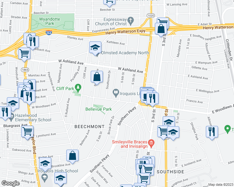 map of restaurants, bars, coffee shops, grocery stores, and more near 4640 South 6th Street in Louisville