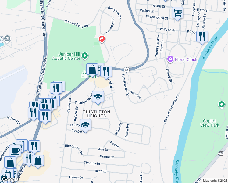map of restaurants, bars, coffee shops, grocery stores, and more near 131 Deepwood Drive in Frankfort
