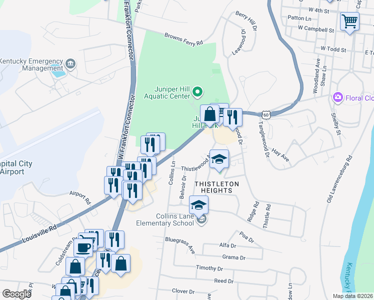 map of restaurants, bars, coffee shops, grocery stores, and more near 851 Louisville Rd in Frankfort