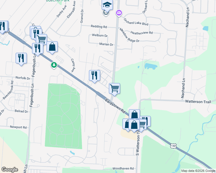 map of restaurants, bars, coffee shops, grocery stores, and more near 4400 Breckenridge Lane in Louisville