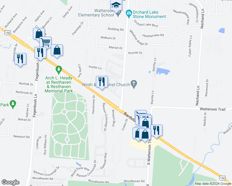 map of restaurants, bars, coffee shops, grocery stores, and more near 4400 Breckenridge Lane in Louisville