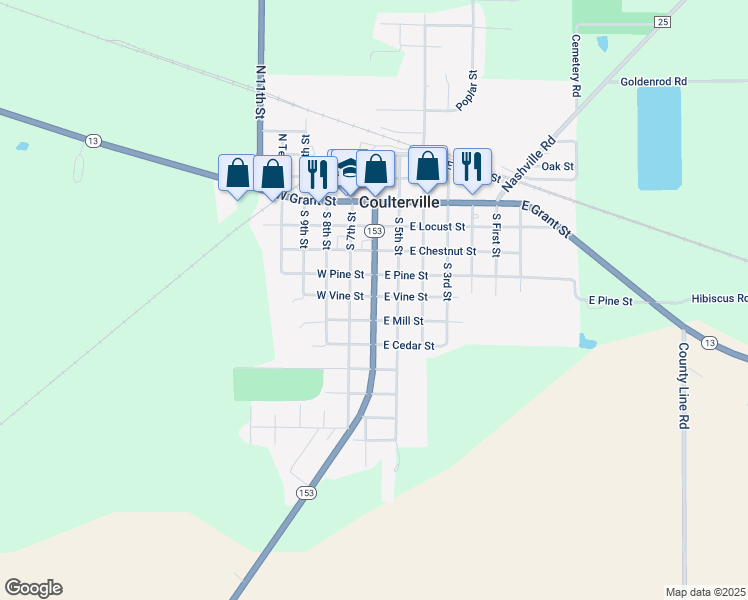 map of restaurants, bars, coffee shops, grocery stores, and more near 510 South Main Street in Coulterville