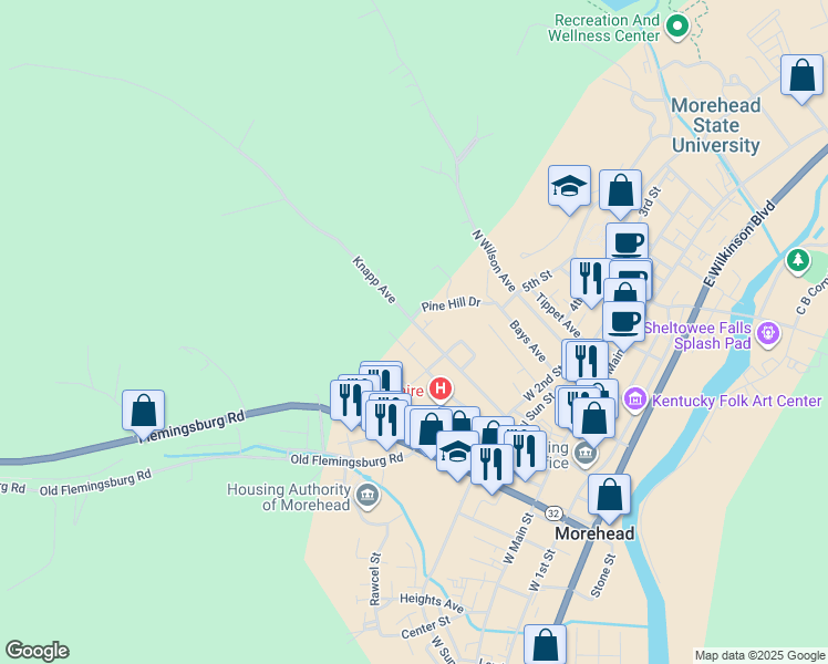 map of restaurants, bars, coffee shops, grocery stores, and more near 241 Cecil Drive in Morehead