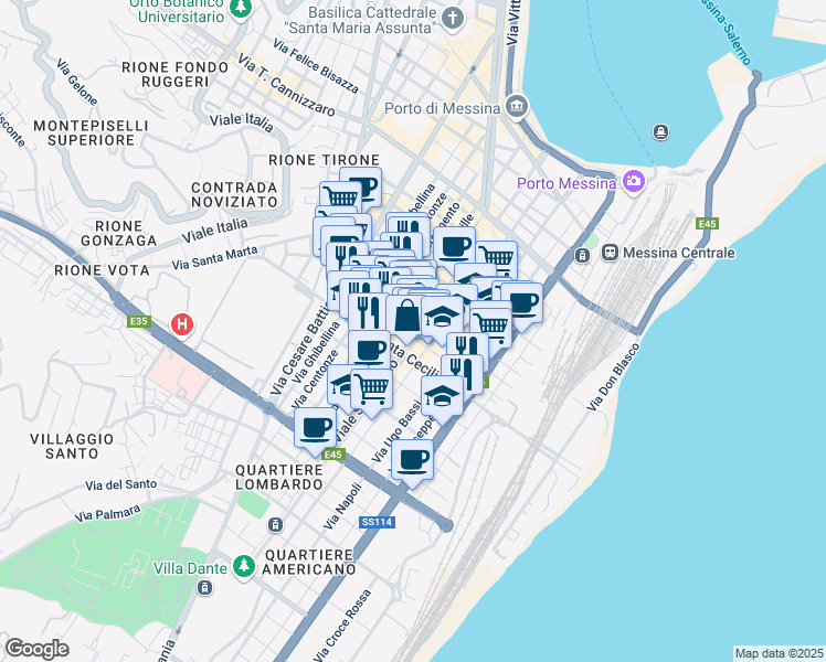 map of restaurants, bars, coffee shops, grocery stores, and more near 210 Via dei Mille in Messina