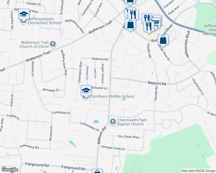 map of restaurants, bars, coffee shops, grocery stores, and more near 10010 Michaele Lane in Louisville