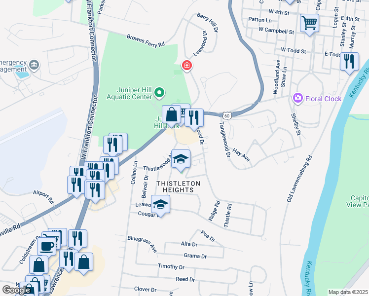 map of restaurants, bars, coffee shops, grocery stores, and more near 124 Deepwood Drive in Frankfort