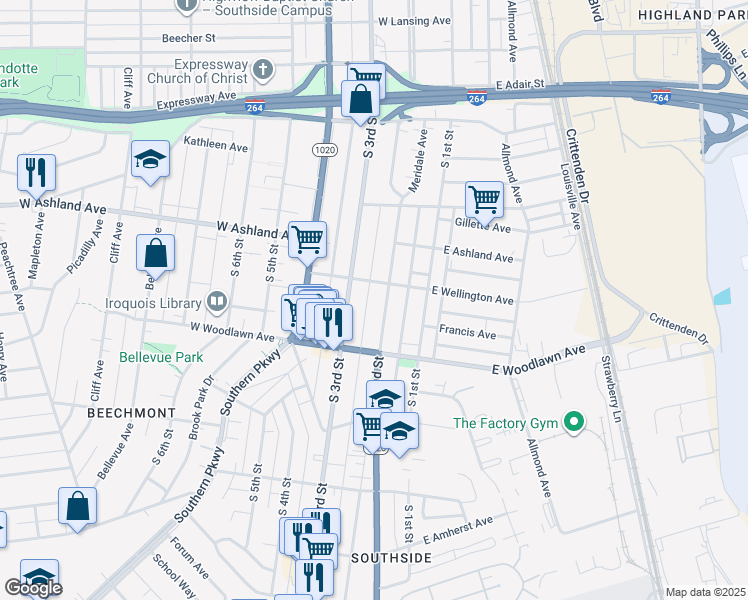 map of restaurants, bars, coffee shops, grocery stores, and more near 4606 South 2nd Street in Louisville