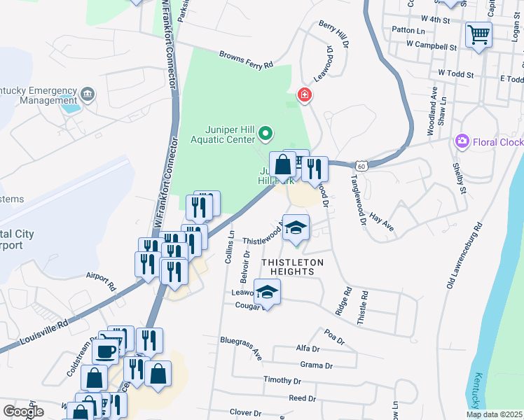 map of restaurants, bars, coffee shops, grocery stores, and more near 162 Thistlewood Avenue in Frankfort