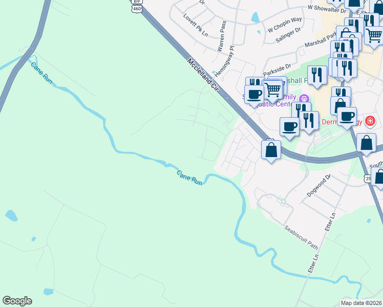 map of restaurants, bars, coffee shops, grocery stores, and more near 252 Mcclelland Circle in Georgetown