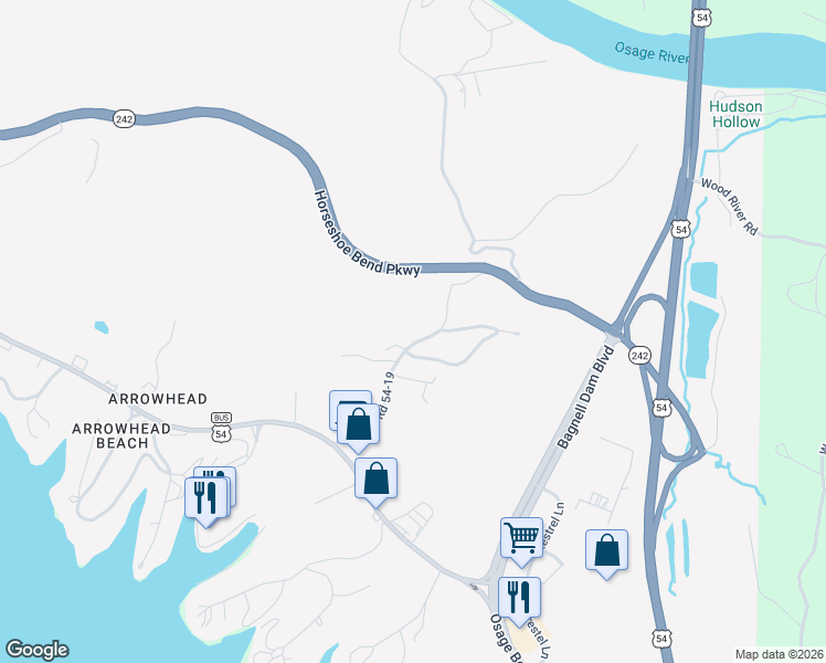 map of restaurants, bars, coffee shops, grocery stores, and more near 283-299 County Road 54-19 in Lake Ozark