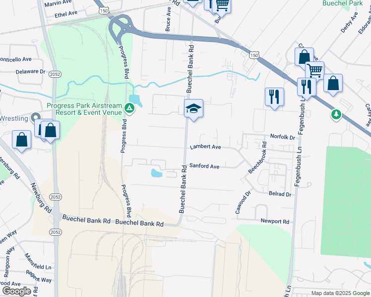 map of restaurants, bars, coffee shops, grocery stores, and more near Buechel Bank Road in Louisville