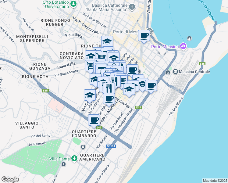 map of restaurants, bars, coffee shops, grocery stores, and more near 99 Via Nino Bixio in Messina