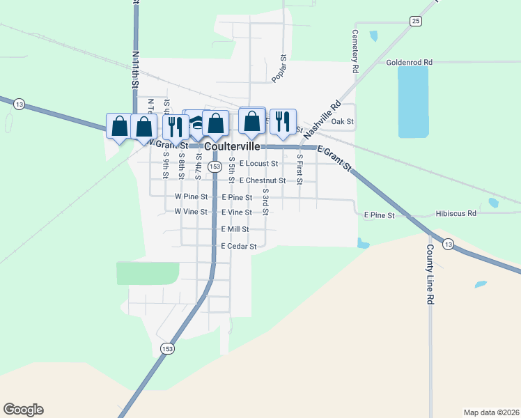 map of restaurants, bars, coffee shops, grocery stores, and more near 403 East Pine Street in Coulterville