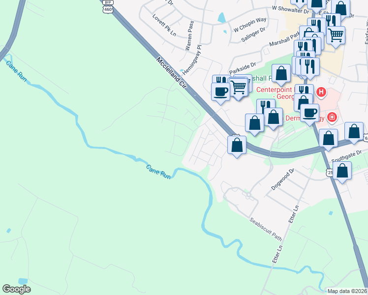 map of restaurants, bars, coffee shops, grocery stores, and more near 252 Mcclelland Circle in Georgetown