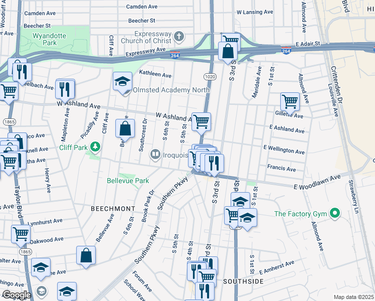 map of restaurants, bars, coffee shops, grocery stores, and more near 4620 Southern Parkway in Louisville