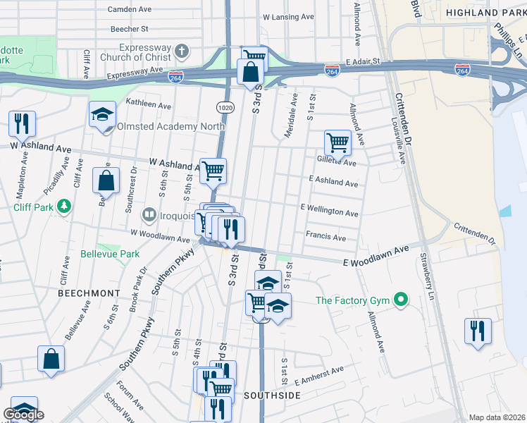 map of restaurants, bars, coffee shops, grocery stores, and more near 4604 South 2nd Street in Louisville