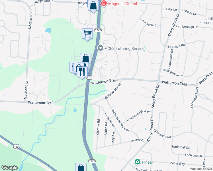 map of restaurants, bars, coffee shops, grocery stores, and more near 8300 Sunny Ridge Court in Jeffersontown