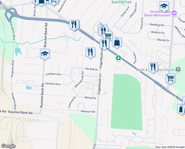 map of restaurants, bars, coffee shops, grocery stores, and more near 4314 Norfolk Drive in Louisville