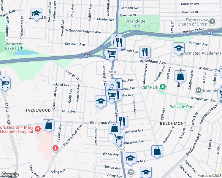 map of restaurants, bars, coffee shops, grocery stores, and more near 1238 Carrico Avenue in Louisville