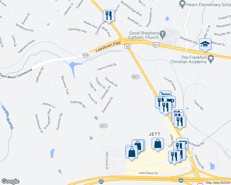 map of restaurants, bars, coffee shops, grocery stores, and more near 1106 Pradero Drive in Frankfort