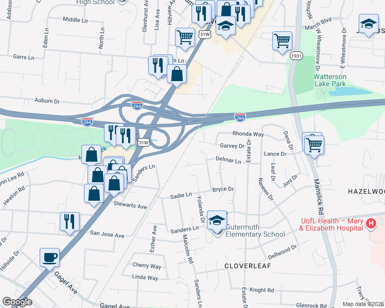 map of restaurants, bars, coffee shops, grocery stores, and more near 1432 Garvey Drive in Louisville